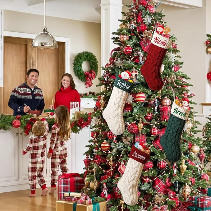Personalized Christmas Stockings, 18" Large Custom Knit Christmas Stockings with Embroidery Name, Color-Contrast Twisted Stocking for Xmas Holiday Decoration(2 Pcs)