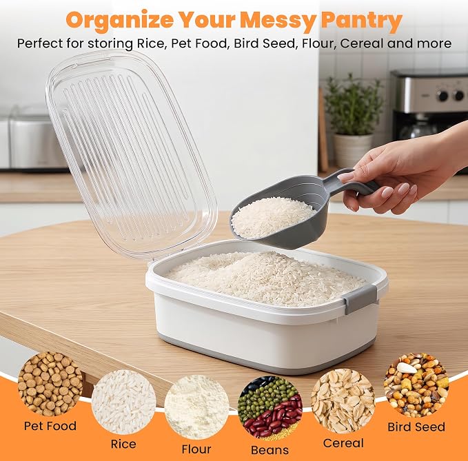 50 Lbs Rice Container, Collapsible Dog Food Storage Container | Airtight Cat Food Container with Wheels, Transparent Lid, Measuring Cup, Scoop, BPA Free for Pet Food, Grain, Bird Seed