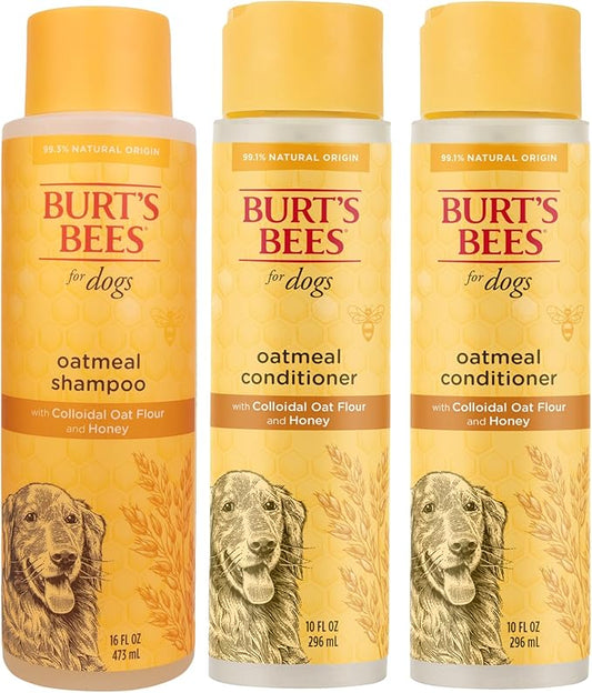 Burt's Bees for Pets Oatmeal Dog Shampoo & Conditioner with Colloidal Oat Flour & Honey | Gentle Dog Grooming Set for Itchy Skin & Moisturizing Care | 16 Fl Oz Shampoo & 2pk 10 Fl Oz Conditioner