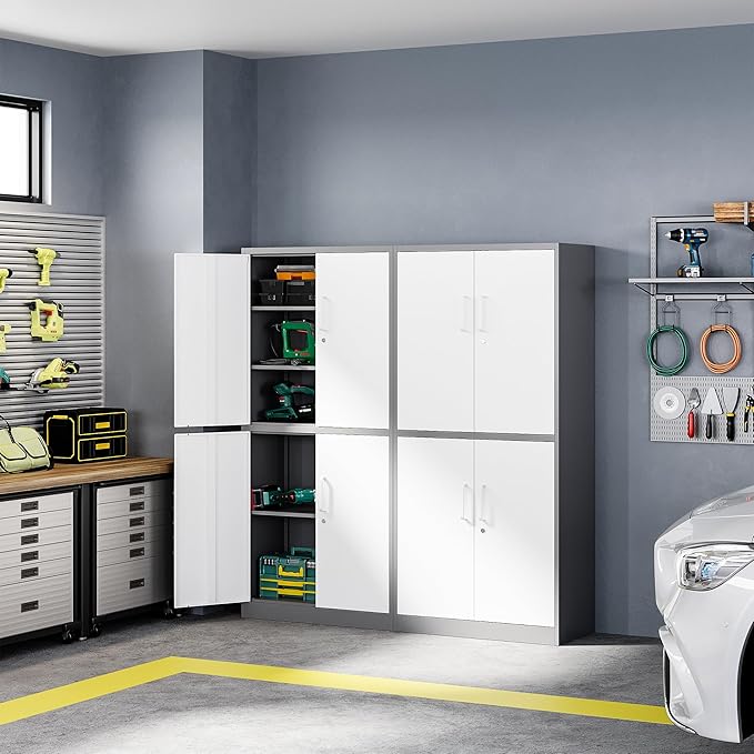 Metal Storage Cabinet with Lock Door, Adjustable Shelf Steel Cabinets for Office, Home,Pantry,Kitchen,Garage Utility Cabinet (4 Door-White&Gray)