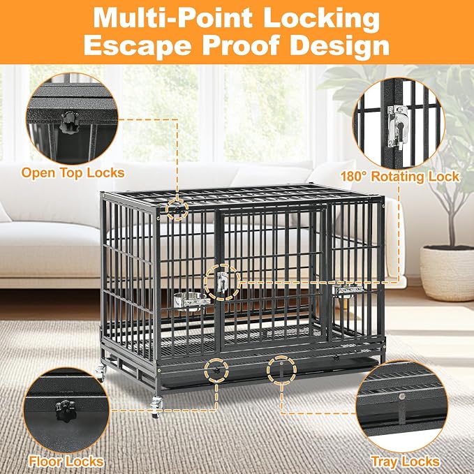 Homey Pet 37" Heavy Duty Stackable Dog Crate with Wheels for Medium Dogs | Metal Dog Cage Kennel with Escape proof Locks, Removable Tray, Bowl, Open Top, Ideal for Breeders, Groomers & Multi-dog Homes