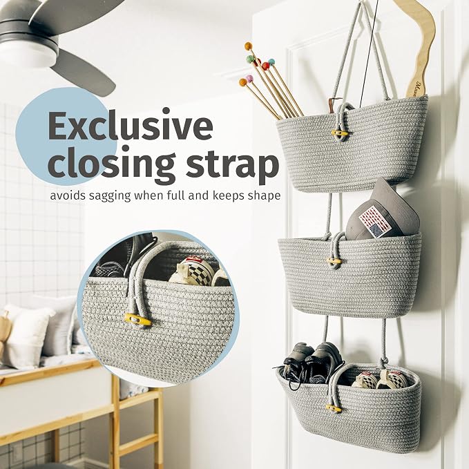 OrganiHaus Over the Door Organizer, Woven Rope Hanging Baskets, 3-Tier | Cotton Wall Storage Basket For Nursery Decor, Entryway, Bathroom, Playroom Or Dorm, Mounts On Door Or Wall, Light Gray
