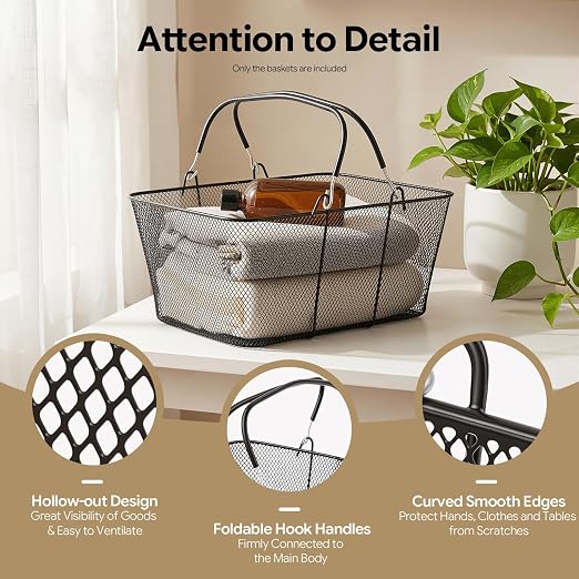 12PCS Shopping Baskets with Handles, 15.7x12x7inch Metal Storage Bins Grocery Baskets, Portable Shop Basket Used for Supermarket, Retail, Bookstore (Black Metal)