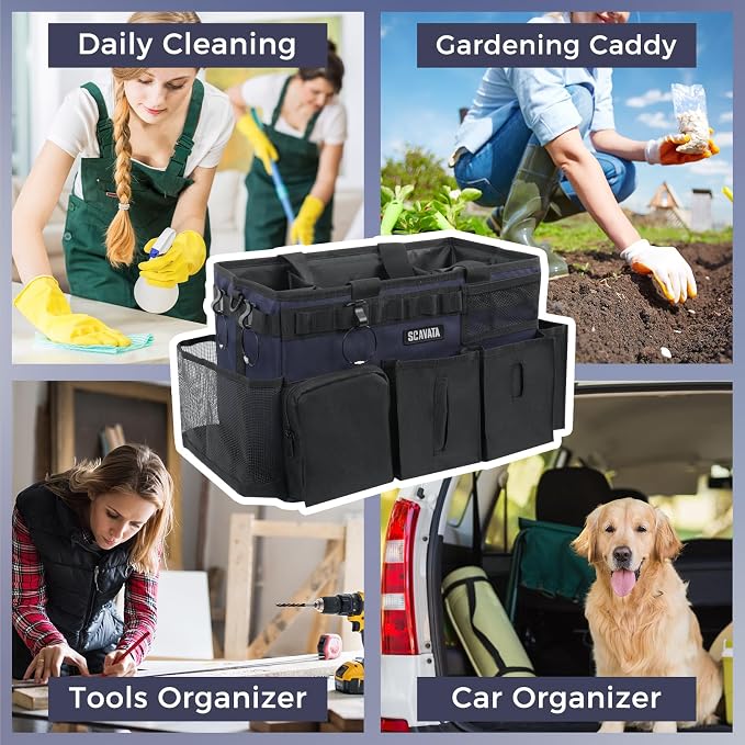 SCAVATA Wearable Cleaning Caddy Bag, Cleaning Caddy Supplies Organizer with Handle & Shoulder Straps for Housekeepers, Under Sink & Car Cleaning Tool Organizers with 4 Foldable Divider Navy (DarkBlue)
