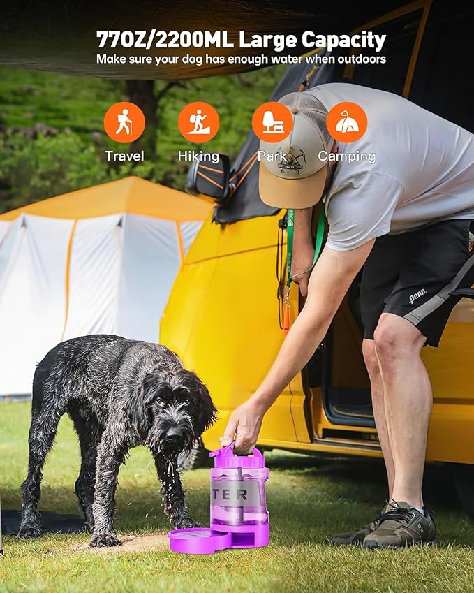 Dog Water Bottle Portable - 77 oz Dog Water Bottle with Bowl Leak Proof, 2 in 1 Pet Travel Cup Suitable Outdoor, Camping, Walking, Beach, Hunting, Large Pet Gear for Dog Lovers （Purple）