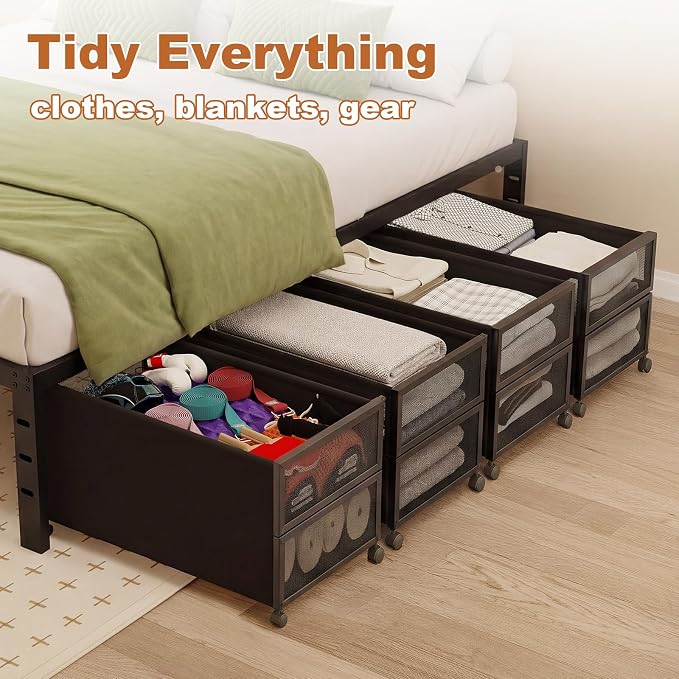 Fokyfok 2Pack Under Bed Storage Containers,16 inch Height,31 inch Long | Under Bed Shoe Storage,Underbed Storage with Wheels,Large Rolling under bed Clothes Storage Drawers,Lid,Dorm Tall,Black