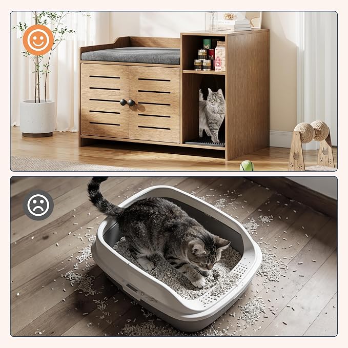 Cat Litter Box Enclosures, Large Hidden Cat Litter Box Furniture with Double Door, Wooden End Table Litter Box Cabinet with Storage Shelf, Cushion & Litter Mat, Dog Proof Design, Modern Cat House