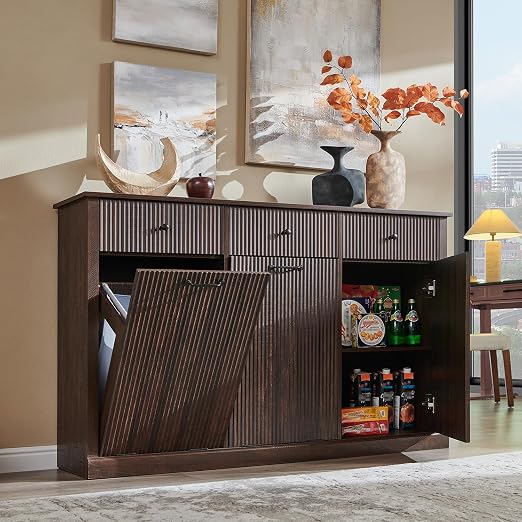 IFGET Triple Tilt Out Trash Can Cabinet, Modern Fluted Laundry Hamper Cabinet with 3 Drawers, 20 Gallon Hidden Wooden Garbage Can Cabinet w/Storage Basket & Adjustable Shelf, for Kitchen, Brown