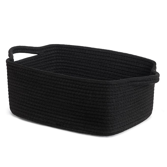 CHICVITA Small Woven Rope Gift Basket, Decorative Boo Basket, Black | 13" x 10" x 5" Storage Baskets for Toys, Towels & Books, Fits Bathroom & Nursery Organization, Built-In Handles, Rectangle