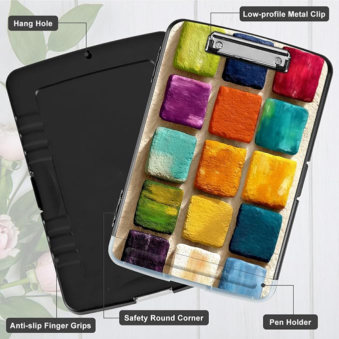A4 Clipboard with Storage Pen Holder, Clipboards Organizer Nursing Clipboard Foldable File Folder Plastic Clipboard Folio Clip Board for Office Work Classroom Doctor, Watercolor Paint