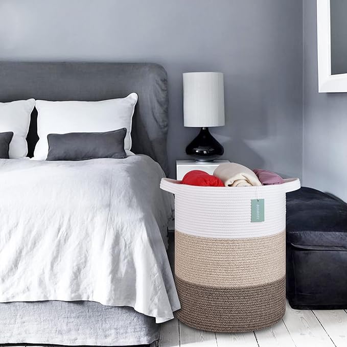 Cotton Rope Blanket Basket, 72L Laundry Hamper, White & Ombre Brown