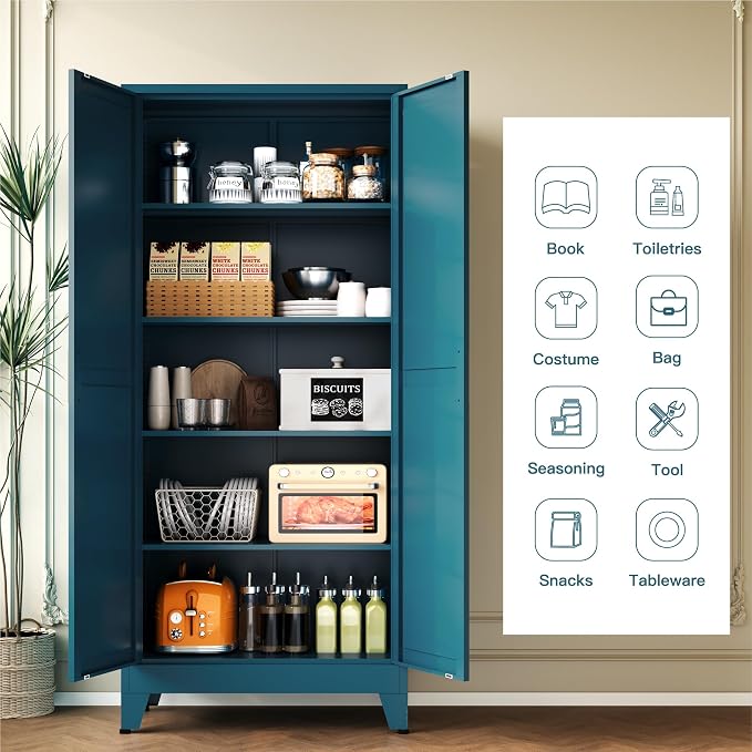 YAUWOH 71''Metal Cabinet with 4 Adjustable Shelves,5-Tier Pantry Storage Cabinet,Kitchen Pantry Cabinet for Living Room,Dining Room, (1PC,Blue)