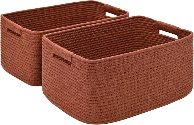 2 Pack Large Storage Basket for Organizing, 17.5"x13"x7" Woven Basket for Shelves, Closet Cube Storage Bins with Wrapped Handle, Cotton Rope Baskets for Kitchen, Clothes, Toys(Oxide Red)
