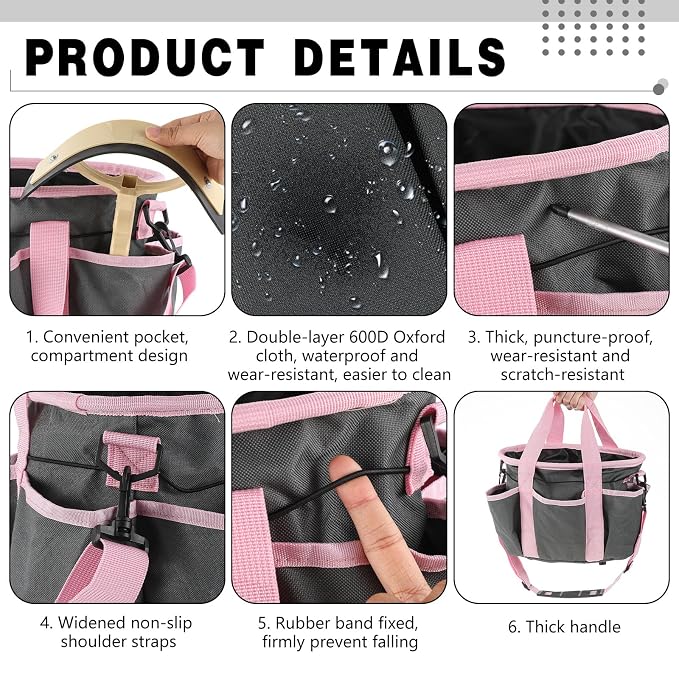 Abbylike Grooming Tote,Stylish,10.63 x 10.63 x 9.45 Inch,Grey and Pink | Tote Bag for Horses and Dogs, Organize Tack Tools Equestrian Grooming Kit, Care Portable with Multiple Pockets for Supplies