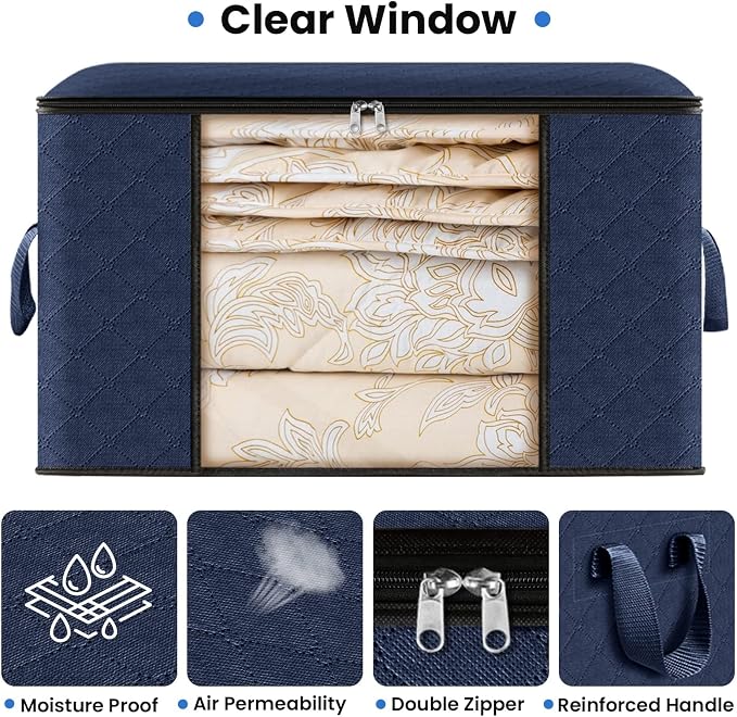 4 Pack Storage Bags for Clothes Blanket Storage Bins with Lids | Foldable Closet Organizers with Zippers,Window and Handles,Fabric Storage Bins for Sweater,Comforter,Bedding,Dorm essentials
