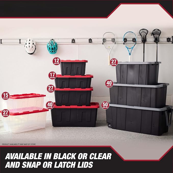 27 Gallon Heavy Duty Plastic Storage Bin With Latch Lid, Black Base & Gray Stackable Lockable Container With Ergonomic Handles For Garage Basement Shed Indoor & Outdoor Gear Organizer