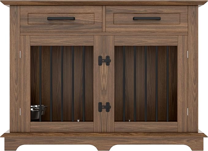 44.48" Large Dog Crate, 3-in-1 Wooden Dogs Crate End Table TV Stand Furniture with 2 Storage Drawers and Rotating Bowls, Decorative Pet House Dog Crates for Small/Medium Dogs, Brown