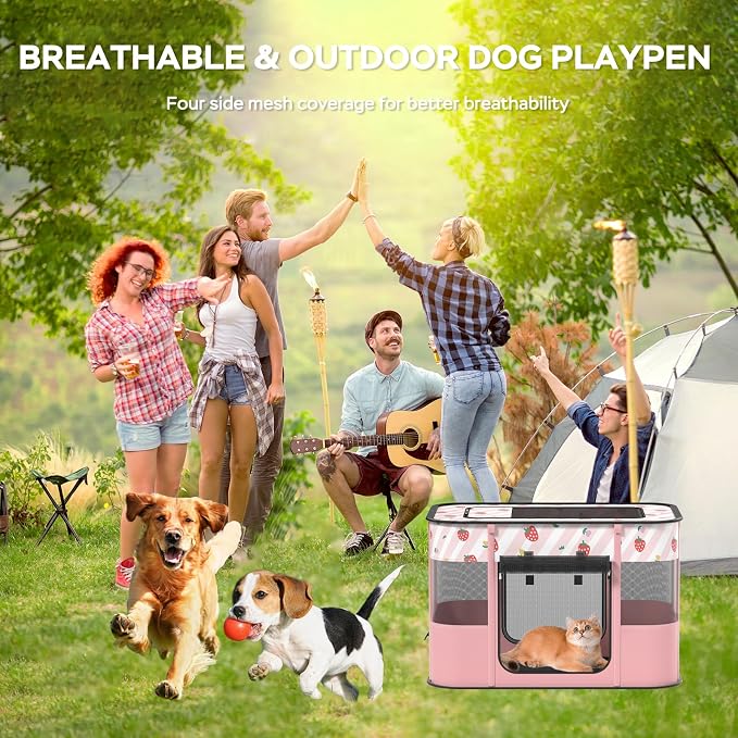 Dog and CAT pop Play Pen,Pets Houses for Dogs and Cats,Indoor&Outdoor Exercise Pen Dog Tent Puppy Playground Large (L, Pink) | Portable Dog Kennel with Upgrade Breathable Mesh，Sturdy Kitten Playpen Indoor & Outdoor for Rabbit or Small Animals，Pink