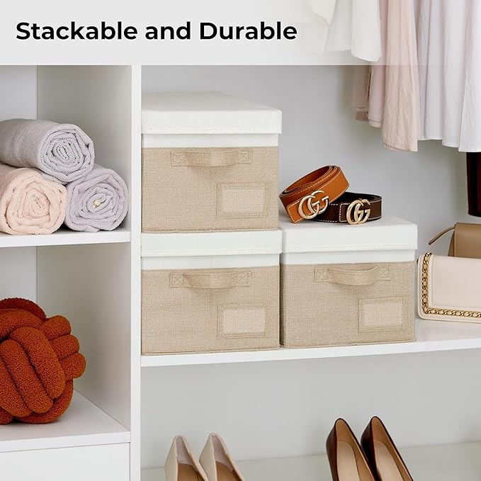GRANNY SAYS Storage Bins with Lids, Decorative Storage Boxes with Lids | Storage Box with Dust Cover, Handles & Lable, Collapsible, Ideal for Closet Clothes Blanket Toys, Medium, White&khaki, 3-Pack
