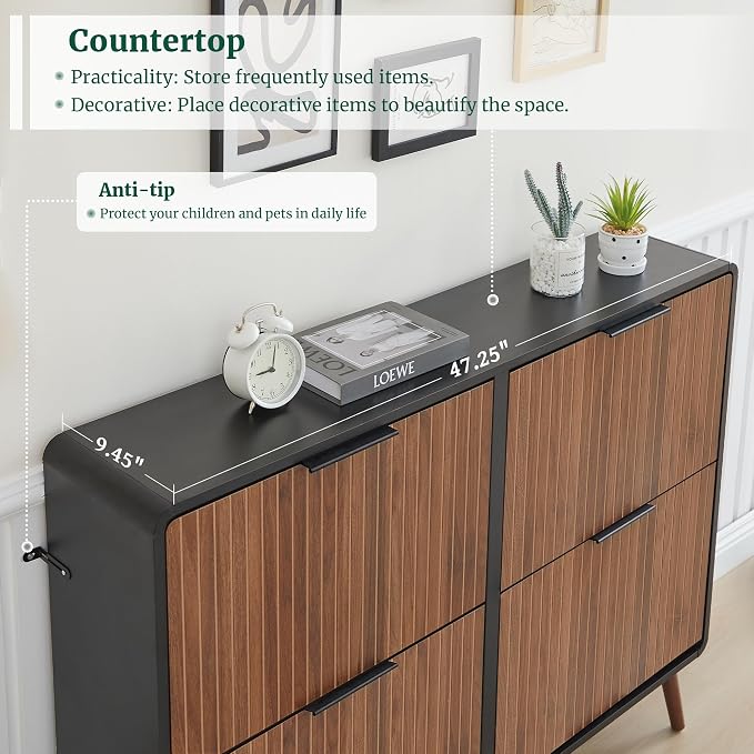 FurSch 47" Fluted Large Shoe Cabinet with 4 Flip Drawers | Slim Freestanding Organizer, Narrow Storage Rack, for Entryway, 5 Sturdy Legs