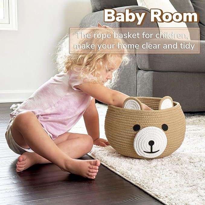 CherryNow Baby Basket for Gifts Empty, Cute Bear Design, Brown | 10.5" x 8.5" Baby Shower Basket for Kids Boys Newborn Storage, Toy Basket for Living Room Nursery Décor, Soft Cotton Rope