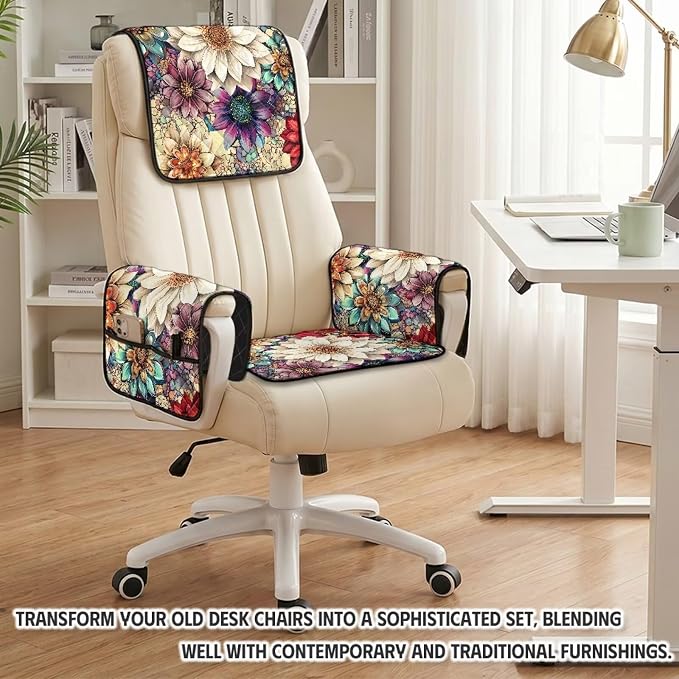 Boho Flower Recliner Chair Covers 4 Piece Non Slip | Quilted Recliner Covers Waterproof Lazy Boy Chair Covers with Arms Pet Friendly Washable Recliner Cover for Sofa Armchair