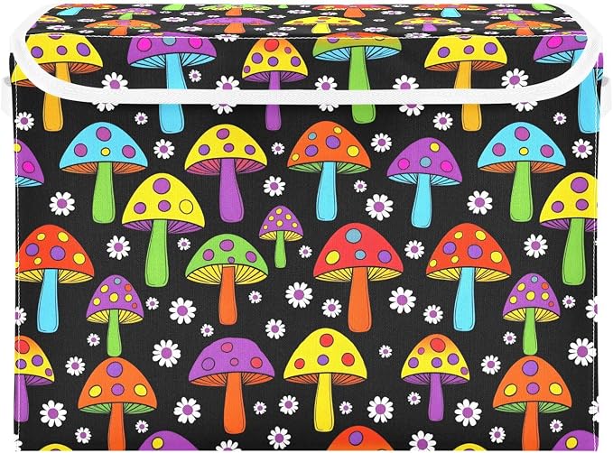 Mushroom Floral Storage Bin Foldable Collapsible Fabric with Lid Handles | Decorative Storage Boxes, 300D Oxford Cloth, Hollow Board Frame, Flip Top Velcro Lid, 16.5x12.6x11.8 inch, Collapsible Design