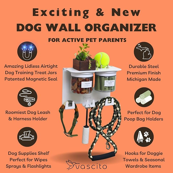 Dog Treat Holder For Wall Storage For Pets, Premium Pet Wall Organizer, Includes Two 16oz Airtight Dog Treat Jars, 3 Sets of Triple Hooks, Sturdy Shelf in Designer White