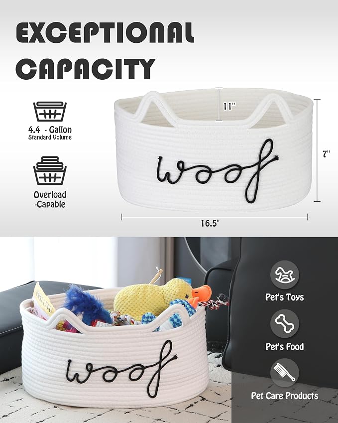 Sea Team Dog Toy Storage Basket with Handles and Ears, White Woof | Large Cotton Rope Storage Bin, Shelf Basket, Organizer for Pet Chew Toys, Foods, 16.5 x 11 x 7 Inches, 4.4 Gallons