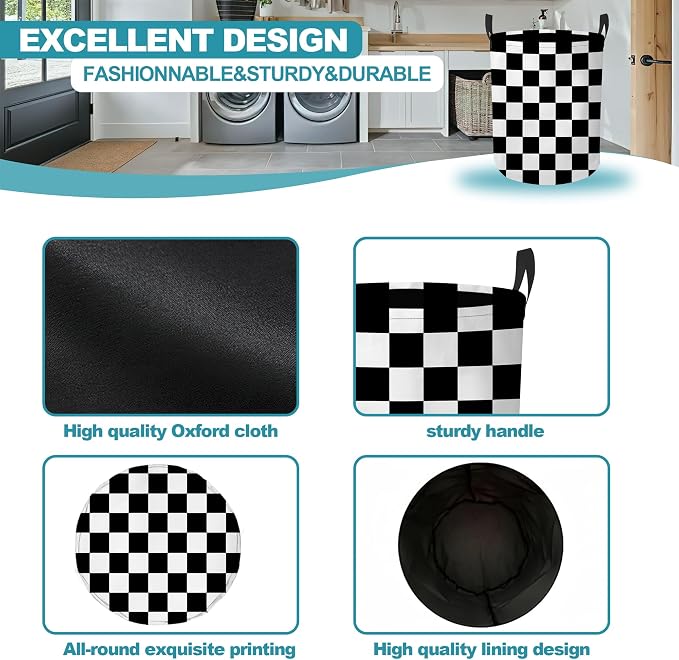 Laundry Hamper,Black White Checkerboard Collapsible Laundry Basket with Handles,Checkered Waterproof Oxford Cloth Clothes Organizer for Bedroom Bathroom Dorm Nursery,16 x 20 Inch