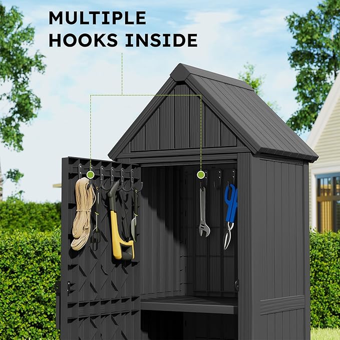 Vertical Outdoor Storage Shed, Waterproof Resin Outdoor Storage Cabinet with Removable Shelves & 12 Hooks, Lockable Small Tool Shed for Garden, Backyard, Patio, Pool, Classic Black