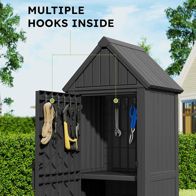 Vertical Outdoor Storage Shed, Waterproof Resin Outdoor Storage Cabinet with Removable Shelves & 12 Hooks, Lockable Small Tool Shed for Garden, Backyard, Patio, Pool, Black