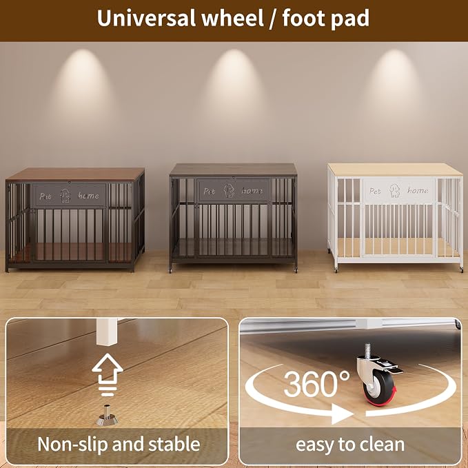 39" Foldable Dog Crate Furniture, Natural Wood | Wooden Construction, RGB Ceiling Lights, Silent Casters, Multi-Purpose End Table TV Stand, For Small Medium Dogs