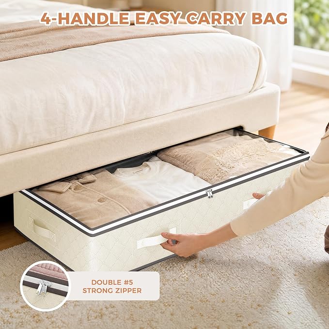 4 Pack Under Bed Storage Containers with Clear Lids, Beige | Underbed Storage Bags for Blankets, Towels, Comforter, Sweaters, Linen Sheets, Wrapping Paper