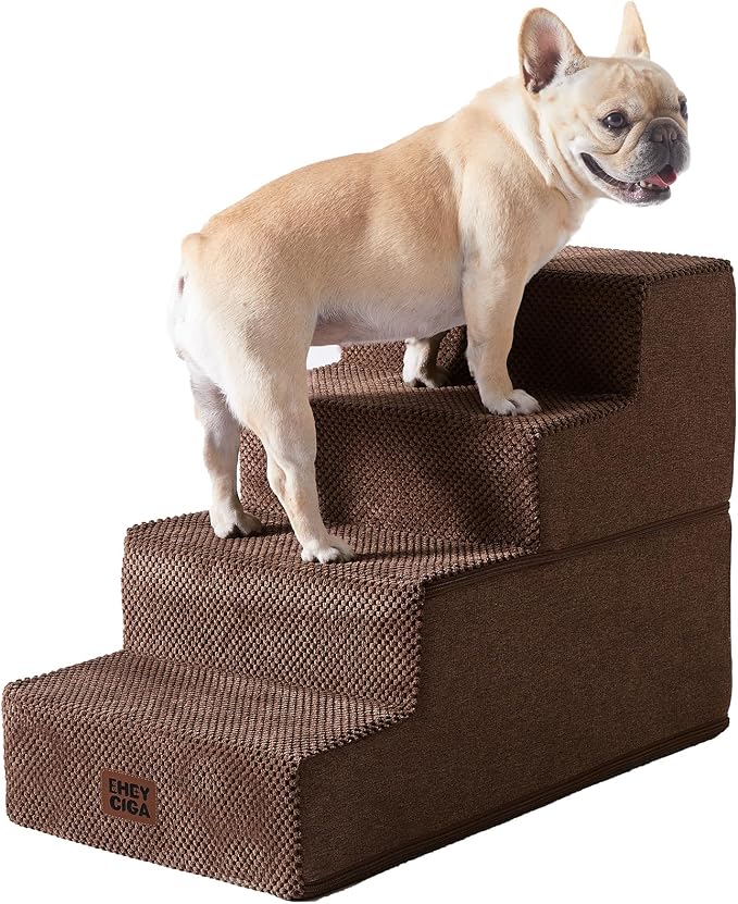 EHEYCIGA Dog Stairs for Bed 18" H, 4-Step Extra Wide Dog Steps for High Bed, Pet Steps for Small Dogs and Cats, Non-Slip Balanced Pet Ramp Indoor, Brown