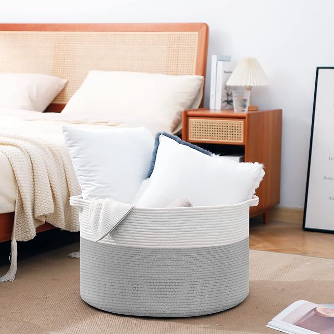 MEGASKET XXXL Large Cotton Rope Storage Bin, 22" X 14" Basket for Blankets Living Room, Woven Baby Kids Toy Storage Bin Box, Giant Throw Pillow Organizer Holder, Large Wicker Basket for Shoes, Gray