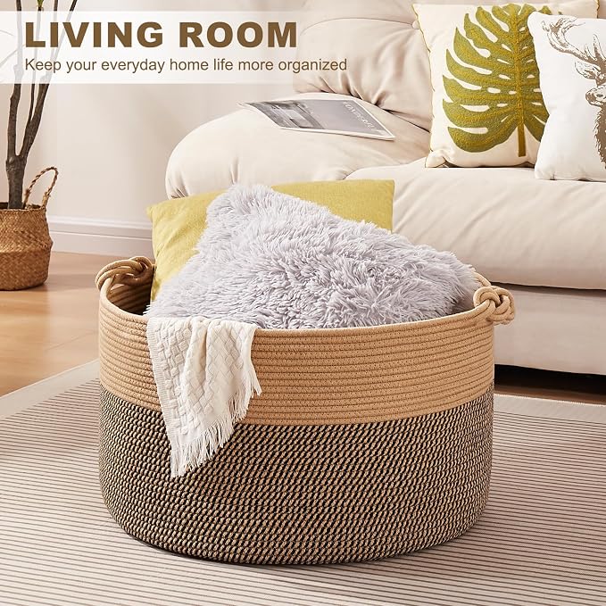OIASKET Large Blanket Storage Basket for Living Room, 22.8" x 22.8" x 13" Woven Cotton Rope Basket with Handles, Baby Toy Storage, Laundry Hamper for Clothes, Pillows, Towels-Brown and Black