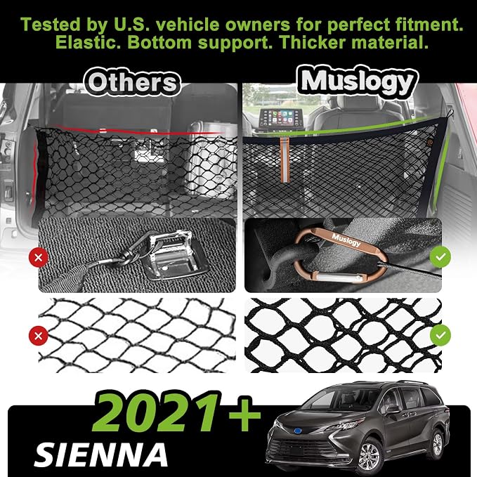 Muslogy Cargo Net for 2021-2025 2026 Toyota Sienna Accessories | Custom Fit, Trunk Storage Organizer Net for SUV Sedan Van Divider, with Heavy Duty Carabiners, Night Visible Grab Handle