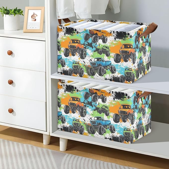 Colorful Monster Truck Splash Trucks Storage Basket with Labels&Handles Rectangular Waterproof Nursery Storage Bins Collapsible Shelf Organizer Baskets for Kids Books Cloth Gift Toys Laundry, 2 Pack