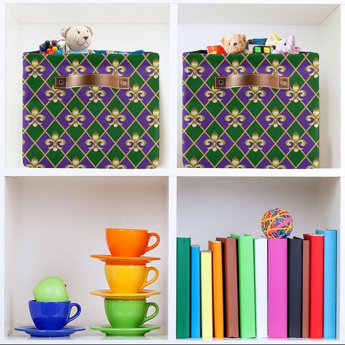Happy Mardi Gras Green Purple Storage Basket with Waterproof Liner and PU Handles Fleur de Lis Buffalo Plaid Storage Bins Boxes 14.2" Collapsible Decorative Organizer Baskets for Bedroom Office 1 Pack