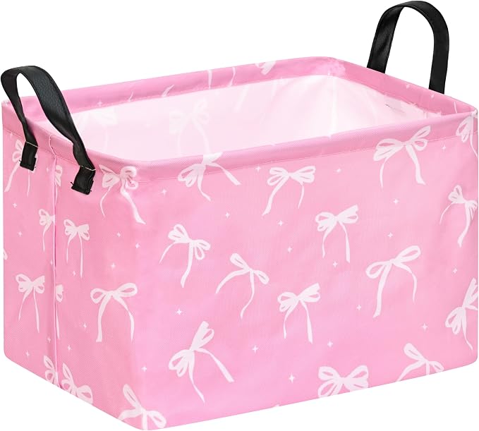 Baby Storage Basket Nursery Box Laundry Hamper Organization Bins for Toys and Clothes with Handles (Pink Bow)