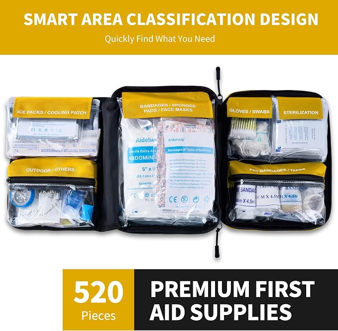 520 Pieces Premium First Aid Kit - Large Emergency Medical Kit for Survival, Car, Home, Travel, Camping, Backpack, Hiking, School (Yellow)