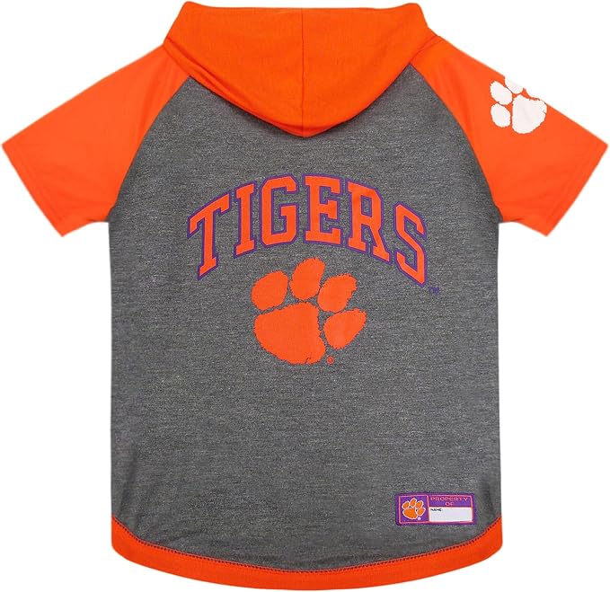 NCAA CLEMSON TIGERS HOODIE for DOGS & CATS, SMALL COLLEGIATE Licensed DOG HOODY Tee Shirt. Sports HOODY T-Shirt for Pets. COLLEGE Sporty Dog Hoodie Shirt.