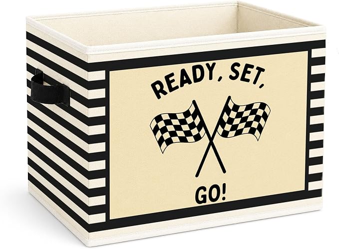 Racing Storage Bin, Checkered Flag Black White Stripe Fabric Basket | Foldable racing flag fabric organizer for nursery, bedroom, playroom, toys, books, and clothes