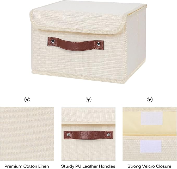 ANMINY Fabric Storage Box Bins with Lids, Beige, 10"x8"x7" | Keepsake Memory Storage, Cotton Linen, PP Board Reinforced, Washable, PU Handles, Foldable & Stackable, Decorative, Small