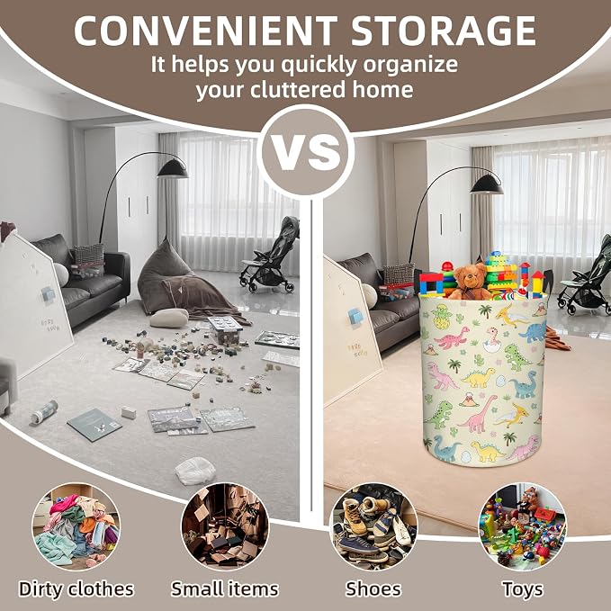 Dinosaur Laundry Hamper, Waterproof Laundry Basket for Bedroom, Baby Round Collapsible Nursery Hamper Storage Bin with Handles for Toys, Storage Basket for Boy Girls Boys, Room Decor, 13.8x17.7 in