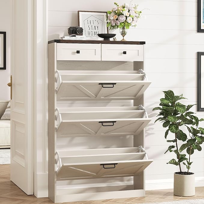 Halitaa Shoe Cabinet with 3 Flip Drawers & 2 Drawers,Freestanding Shoe Storage Cabinet for Entryway,Farmhouse Narrow Slim Organizer Rack for Foyer,Hallway,White