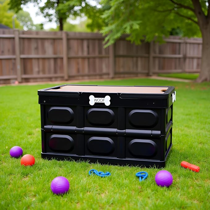 Morezi Outdoor dog toy bin chew proof box storage in plastic foldable designed dog stuff organizer great for pet food organizing toys leashes clothing in outside black