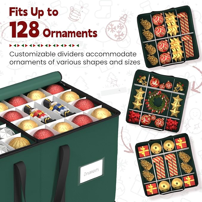 Sunvigor Christmas Ornament Storage Box with 8 Trays, Fits 128 Holiday Ornament Christmas Storage Container with Adjustable Dividers, Dual Zipper, 600D Oxford Christmas Decorations Storage(Deep Green)