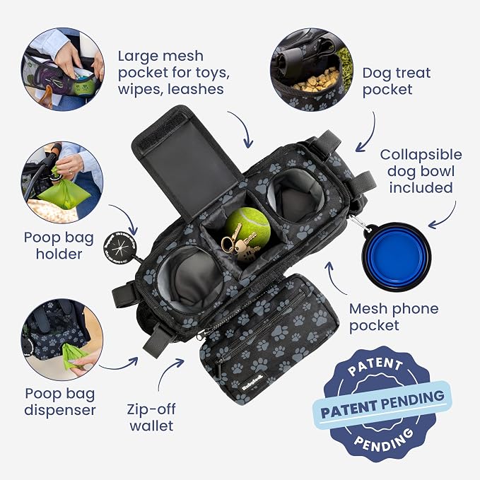 Dog Stroller Caddy Organizer with 2 Insulated Cup Holders & Treat Pocket | Poop Bag Dispenser, Treat Pocket, Collapsible Water Bowl, Zip-Off Wallet, Non-Slip Fit for 14-19" Handlebars, Paw Print